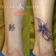 Перекрытие татуировки на ноге