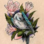 Эскиз тату птичка в цветах
